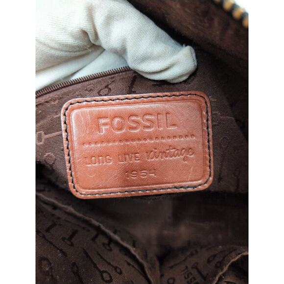 Fossil Maddox Brown Leather Black Stripe Zipper Satchel Shoulder Bag - Picture 9 of 10